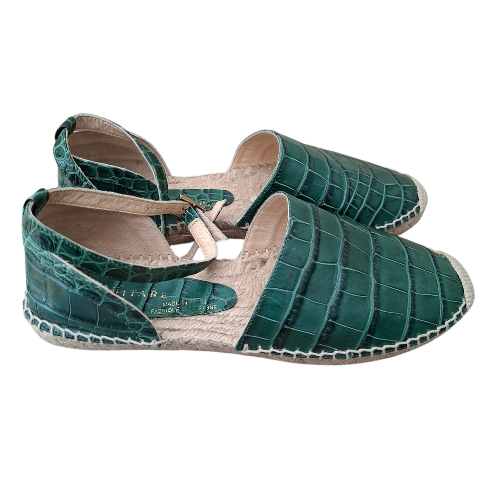 EQUITARE Leather Green Croc Embossed Espadrille Wedges Ankle Strap Sandals - Picture 2 of 11